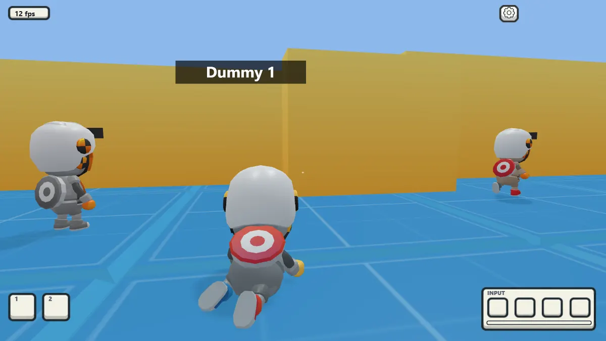 Three chunky robot players running across a blue tiled arena